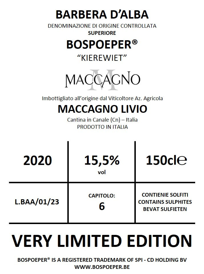 Barbera d'Alba DOC 2020 Superiore MAGNUM Authentic Bospoeper Kierewiet (nog 4 Magnums beschikbaar)