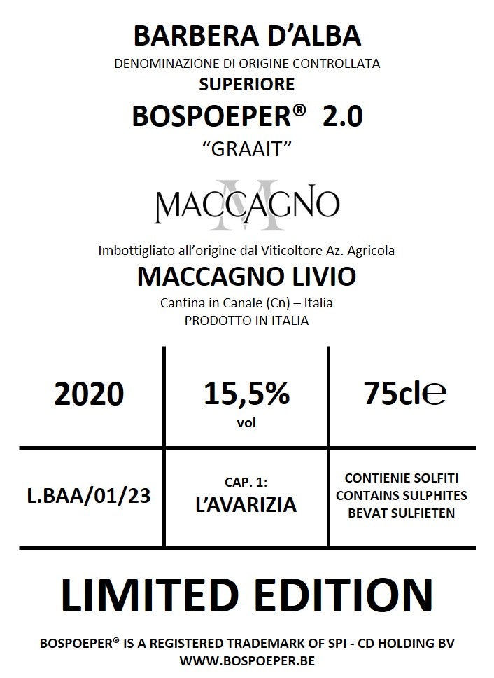 Barbera d'Alba DOC 2020 Superiore Authentic Bospoeper graait