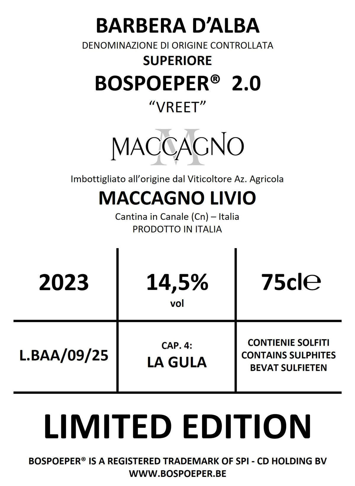 Barbera d'Alba DOC 2023 Superiore Authentic Bospoeper vreet
