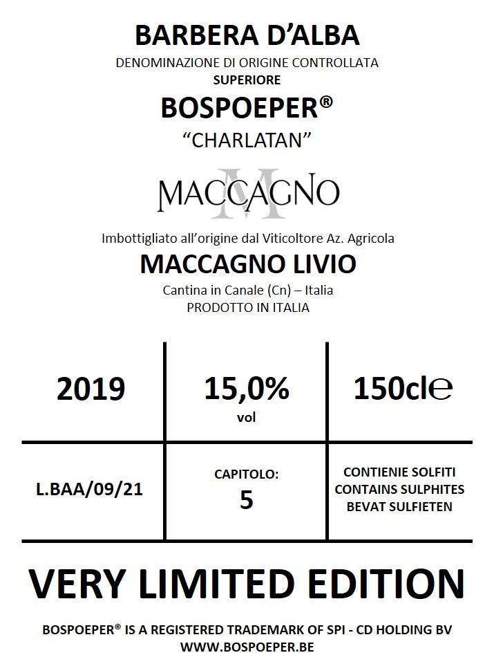 Barbera d'Alba DOC 2019 Superiore MAGNUM Authentic Bospoeper Charlatan (nog 1 Magnum beschikbaar)